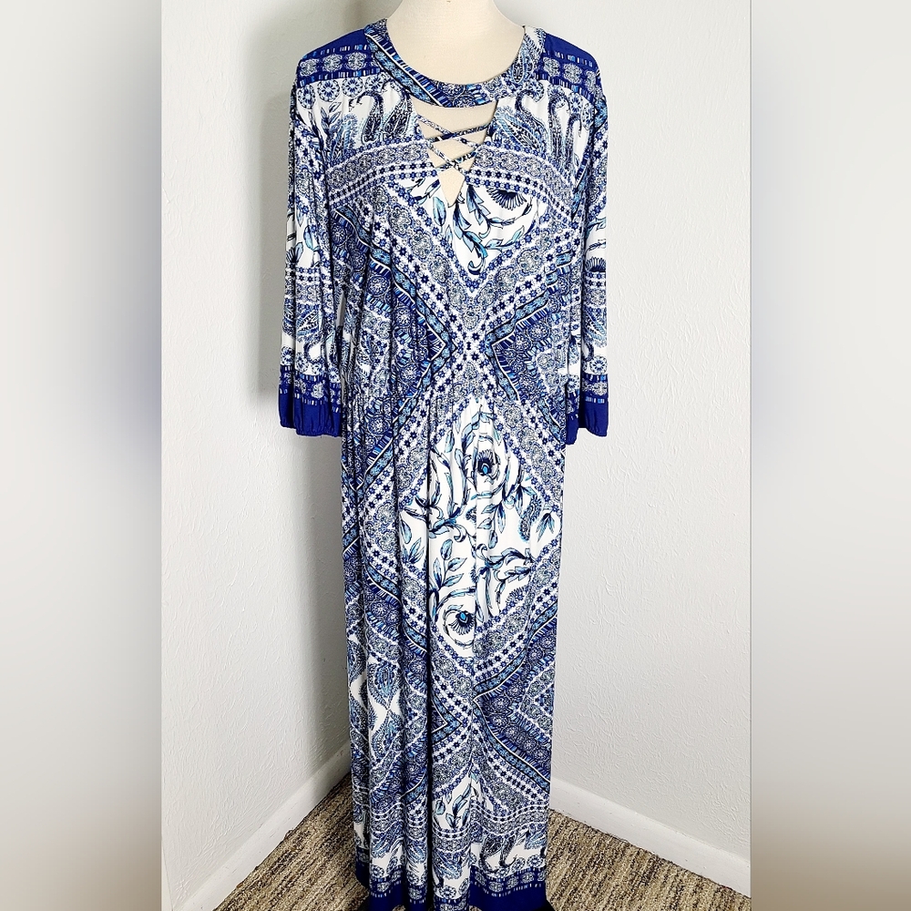 Enfocus Studio Blue & White Floral Print Maxi-Dress, Size 20W